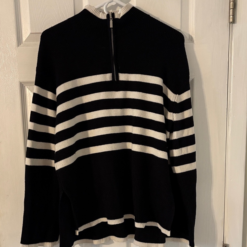 Striped Knit Sweater Black White Quarter Zip Minimalist Chic L - Picture 3 of 7